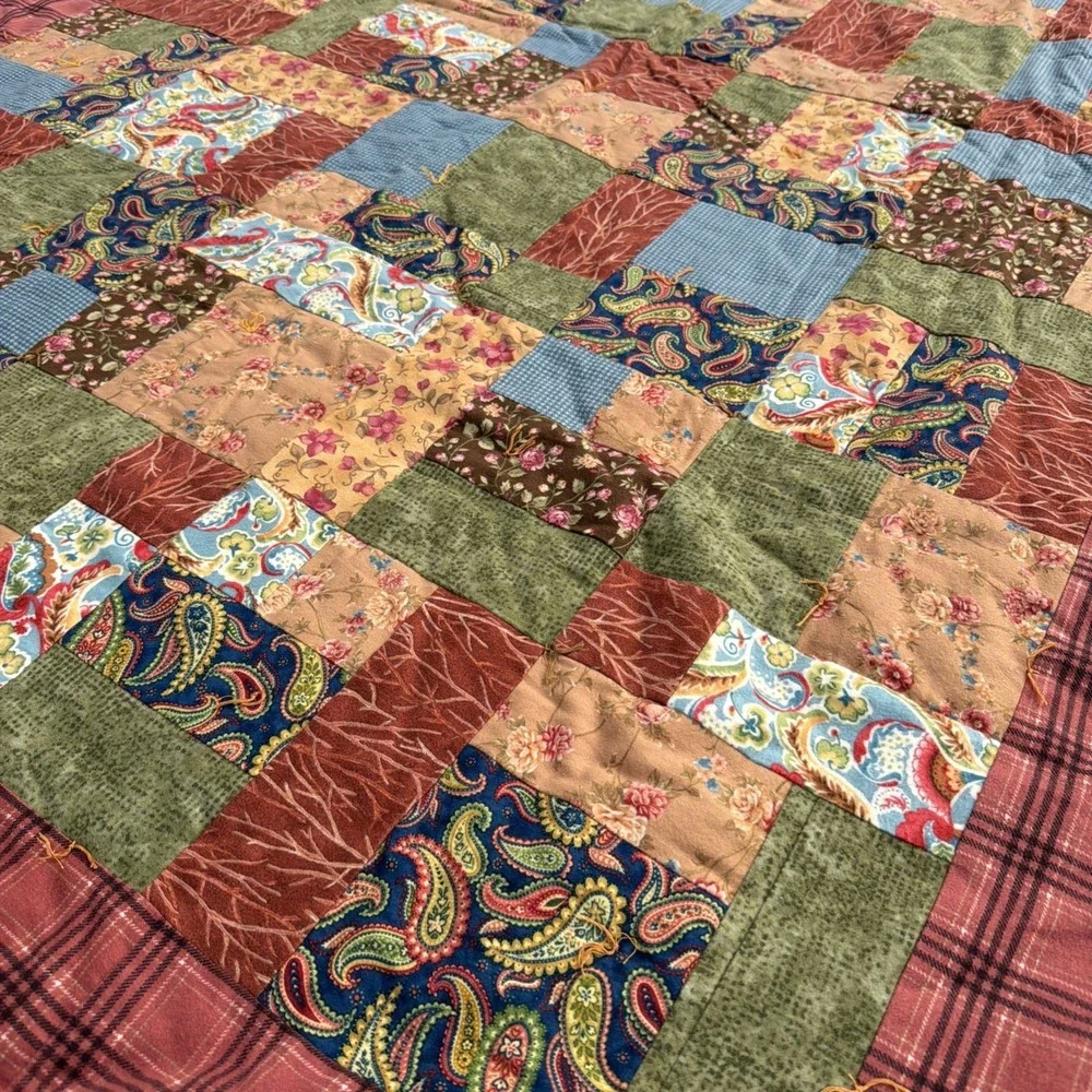 Vintage Handmade Patchwork Quilt Earth Tones Country Cottagecore Cozy 56 x 80